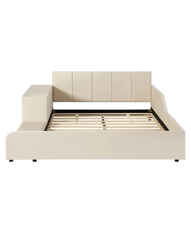 Streamdale Furniture Full Size Upholstered Grounded Bed with Bedside Desk & Stool, Beige