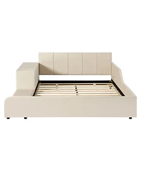 Streamdale Furniture Full Size Upholstered Grounded Bed with Bedside Desk & Stool, Beige