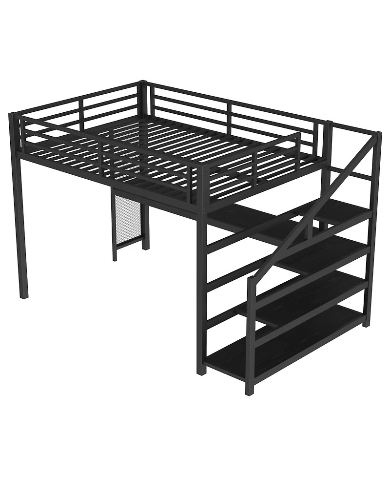 Streamdale Furniture Loft Bed with Desk and Storage Stairs, Metal Loft Bed with Led Lights & Usb Ports