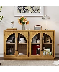 Streamdale Furniture 4-Door Large Storage Sideboard Buffet Cabinet with Glass Doors (Natural Wood