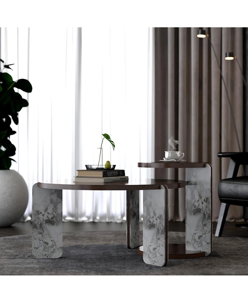 Streamdale Furniture Modern Coffee Table with End Table Set, Durable Walnut Veneered Mdf 83cm Center Table with 43cm Side Table