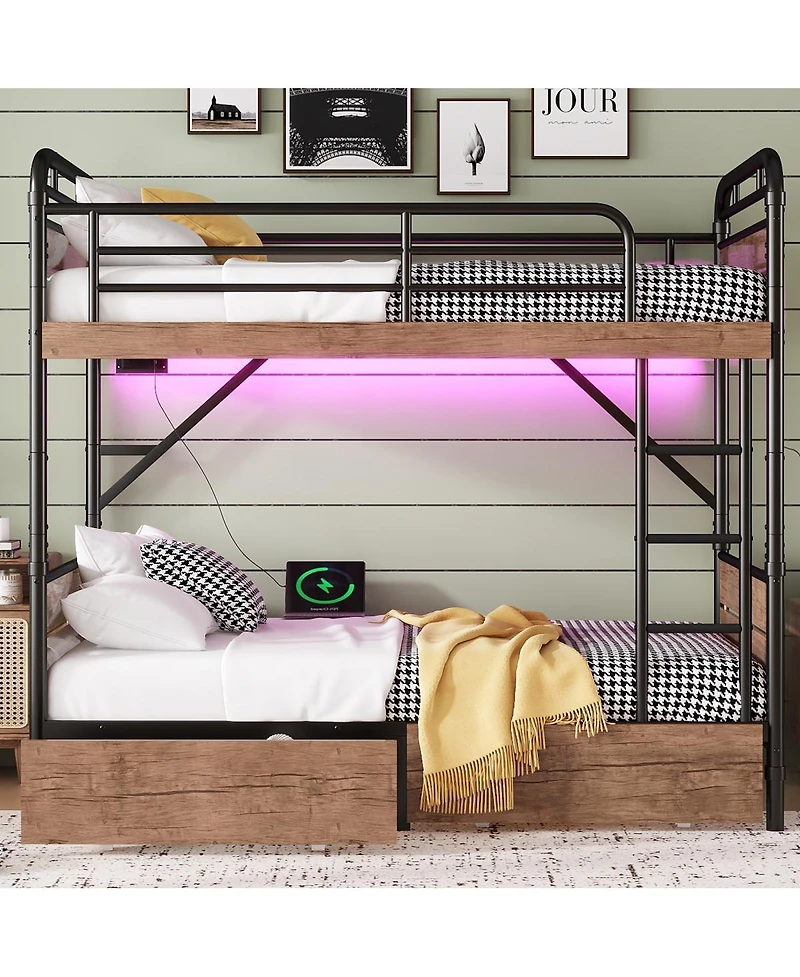 Streamdale Furniture Twin Xl over Twin Xl Metal Bunk Bed with Led & Charge Station, 2 Drawers