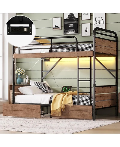 Streamdale Furniture Twin Xl over Twin Xl Metal Bunk Bed with Led & Charge Station, 2 Drawers