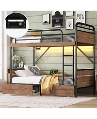 Streamdale Furniture Twin Xl over Twin Xl Metal Bunk Bed with Led & Charge Station, 2 Drawers