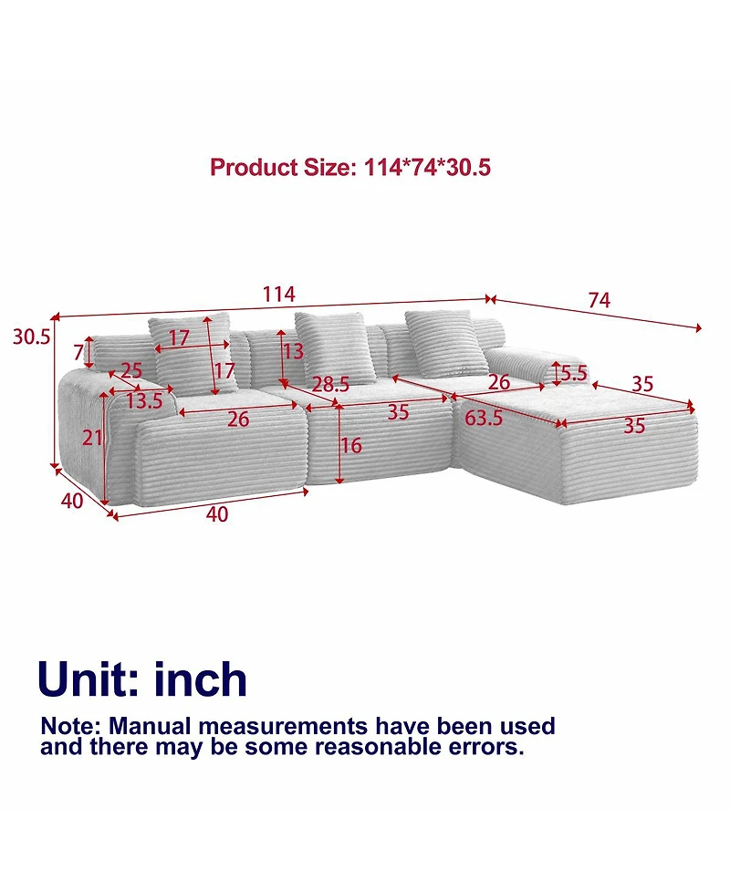 Streamdale 114-inch Corduroy Modular Sofa with Inlaid Design, 3 Pillows, Wider Backrest, 4 Modules.