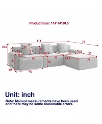 Streamdale 114-inch Corduroy Modular Sofa with Inlaid Design, 3 Pillows, Wider Backrest, 4 Modules.