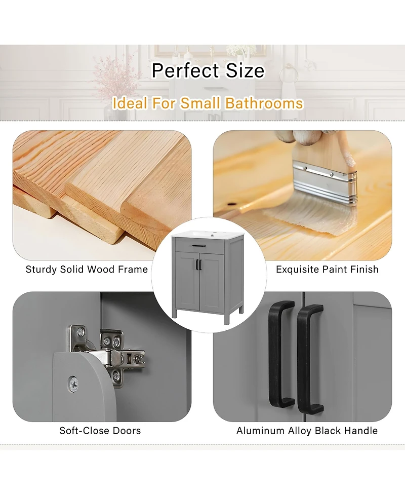 Cesicia 24 in. Bathroom Vanity Combo with Ceramic Sink, Luxurious Space-Saving Vanity with 2 Soft Close Doors
