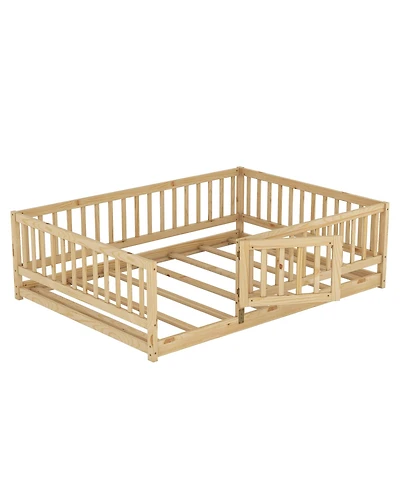 Cesicia Pine Wood Full Size Floor Bed with Slats, Fence and Door, Montessori Floor Bed for Kids, Girls, Boys