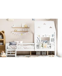 Streamdale Furniture Full House Bed with Low-Profile Stairs, Window, Bookcase, Blackboard, Star Roof
