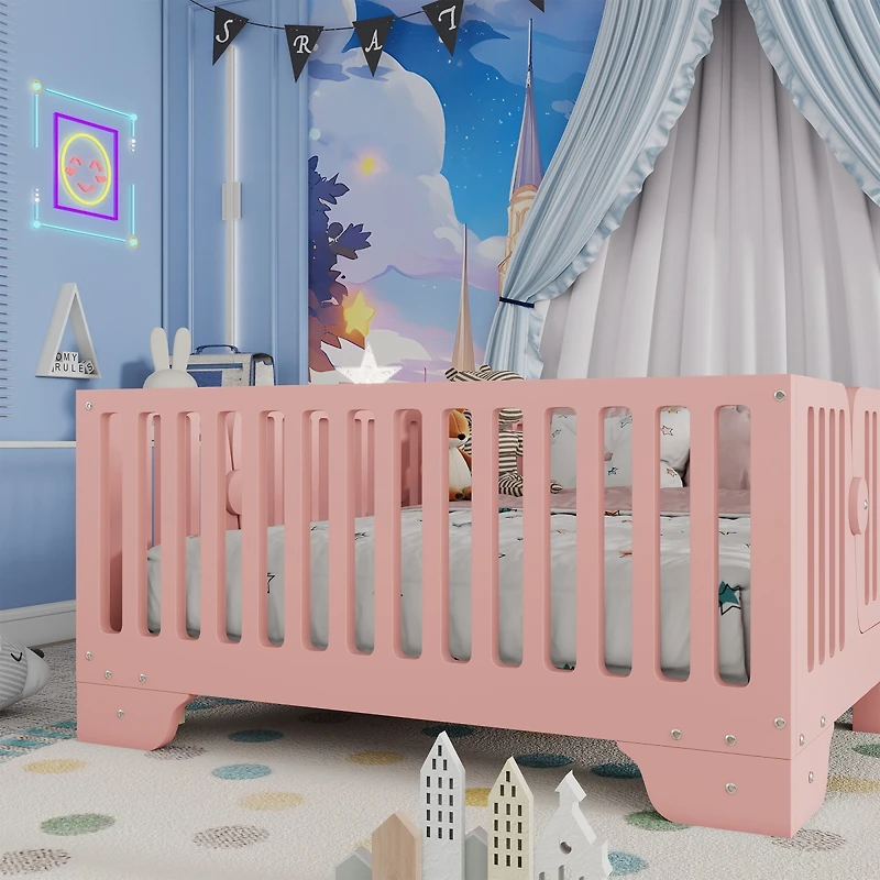 Streamdale Furniture Twin Montessori Floor Bed with Slats, Fence & Door - Pink