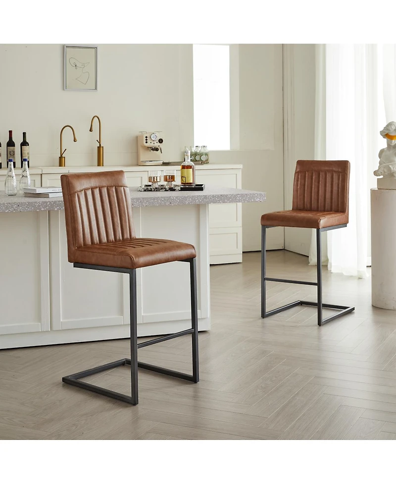 Streamdale Furniture Faux Leather Bar Stool - 26-Inch Tufted, Black Metal Frame (2 Sets)