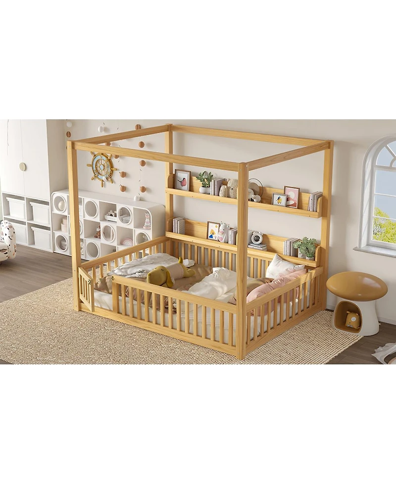 Streamdale Furniture Canopy Bed with Guardrails & Shelves, Montessori Floor Bed Frame