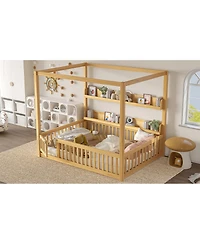 Streamdale Furniture Canopy Bed with Guardrails & Shelves, Montessori Floor Bed Frame