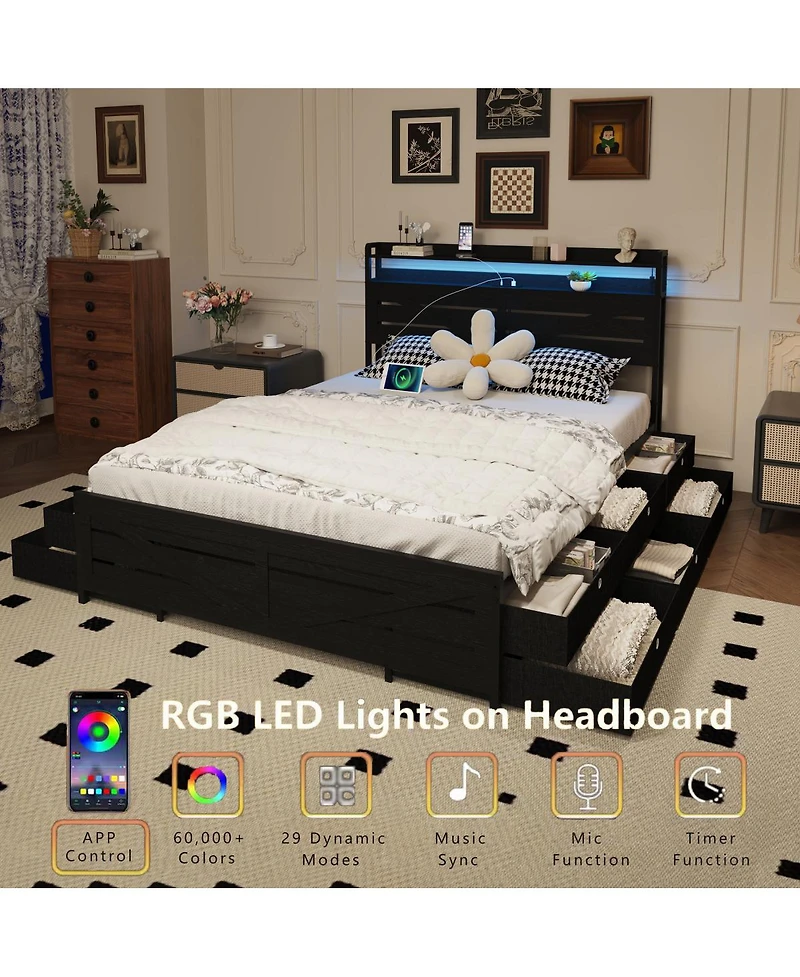 Streamdale Furniture Queen-size bed frame with storage headboard, 12 drawers, Led lights, Black.