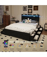 Streamdale Furniture Queen-size bed frame with storage headboard, 12 drawers, Led lights, Black.