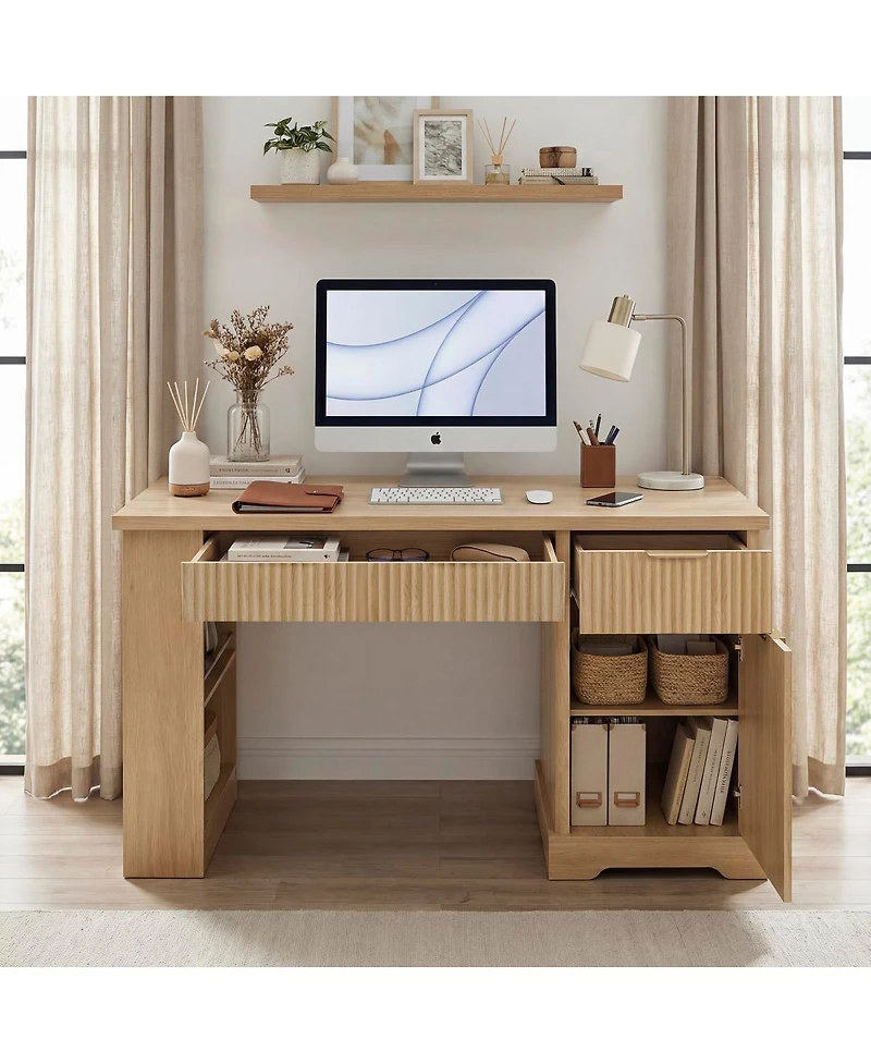 Streamdale Furniture 55" Modern Fluted Office Desk with Storage, Drawers, Power Outlet & Shelves