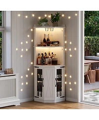 Streamdale Furniture 67.3" Farmhouse Corner Bar Cabinet with Power Outlet, Lights & Glass Rack