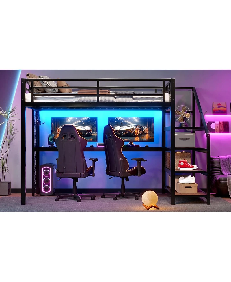 Streamdale Furniture Full Loft Bed with Desk, Storage Stairs, Led Lights & Usb Ports