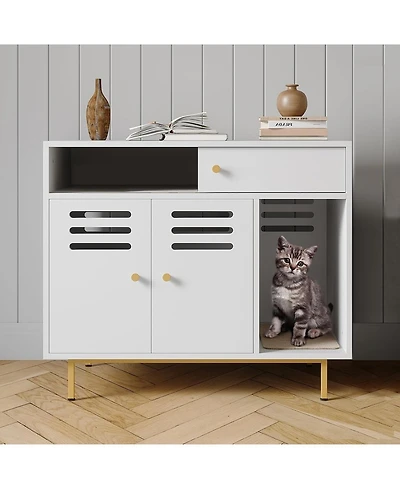 gaomon Cat Litter Box Enclosure Furniture, Hidden Litter Box Cabinet with 2 Storage Compartments, White