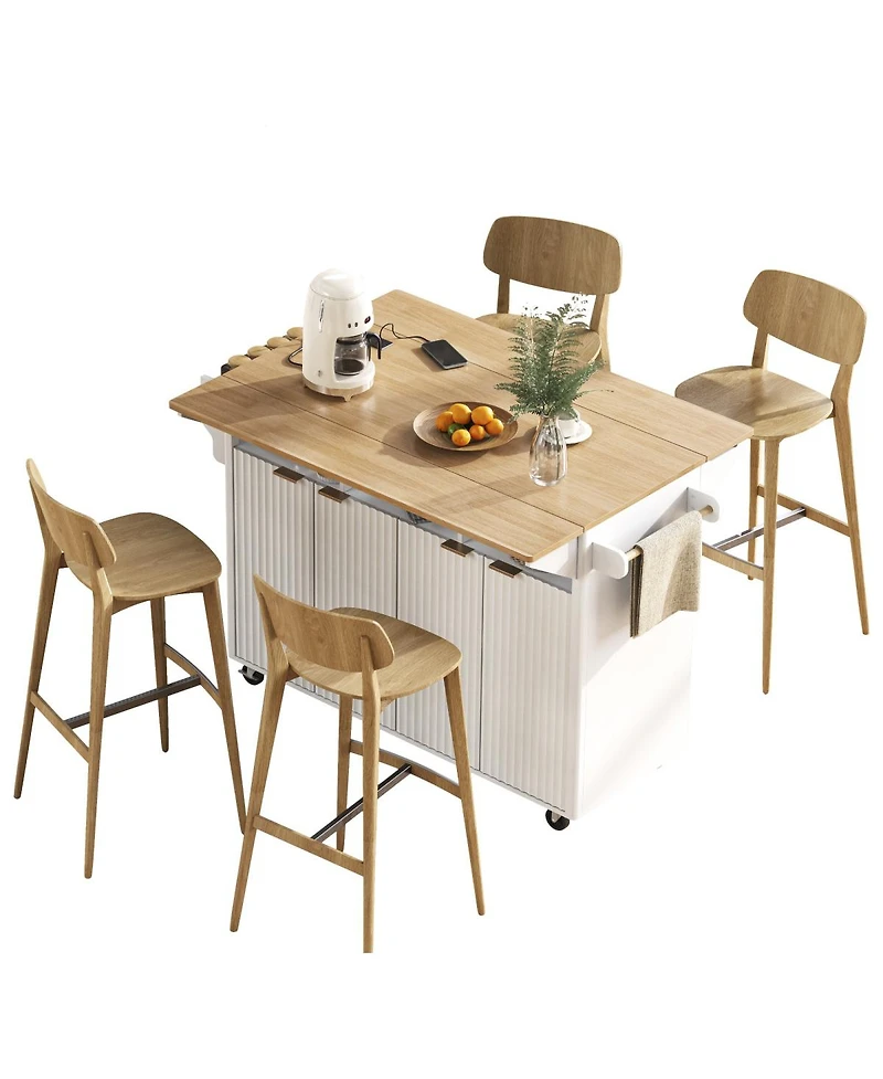 Streamdale Furniture 55.5" Fluted Kitchen Island with 2 Drop Leaf, Storage Cart, Power Outlet, 4 Doors, Spice Rack, Rolling Table