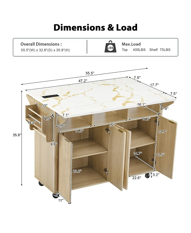 Streamdale Furniture 55.5" Fluted Kitchen Island with 2 Drop Leaf, Storage Cart, Power Outlet, 4 Doors, Spice Rack, Rolling Table