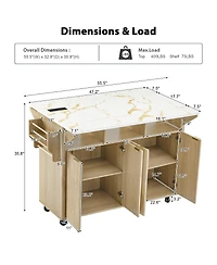 Streamdale Furniture 55.5" Fluted Kitchen Island with 2 Drop Leaf, Storage Cart, Power Outlet, 4 Doors, Spice Rack, Rolling Table