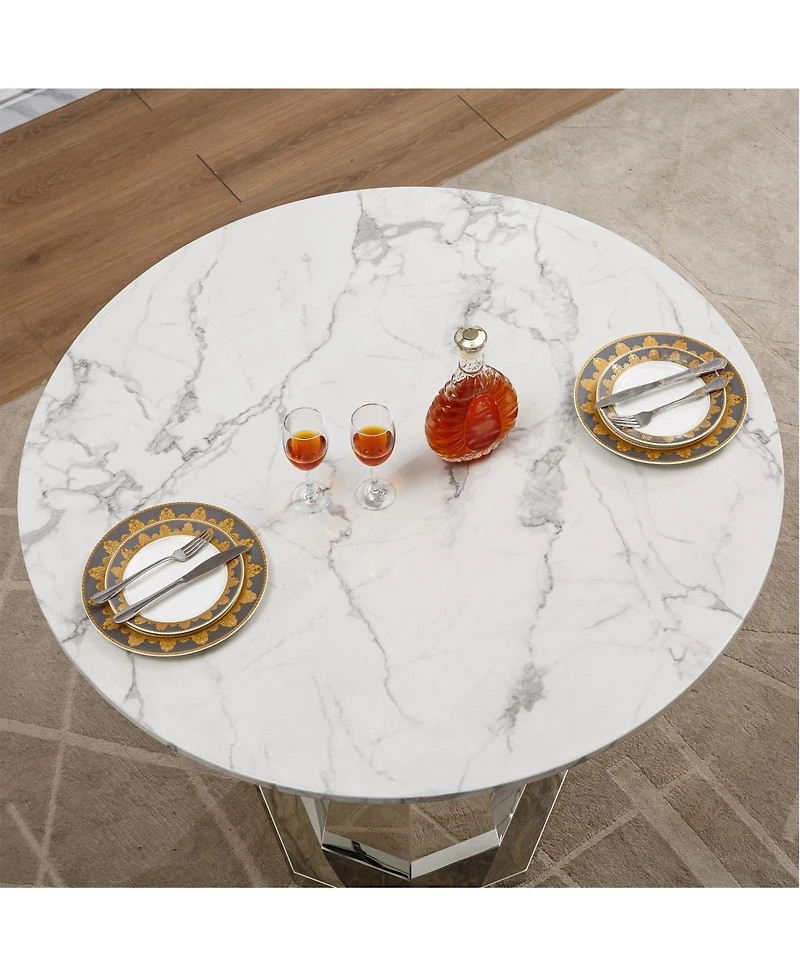 Streamdale Furniture Round Marble Dining Table with Stainless Steel Base