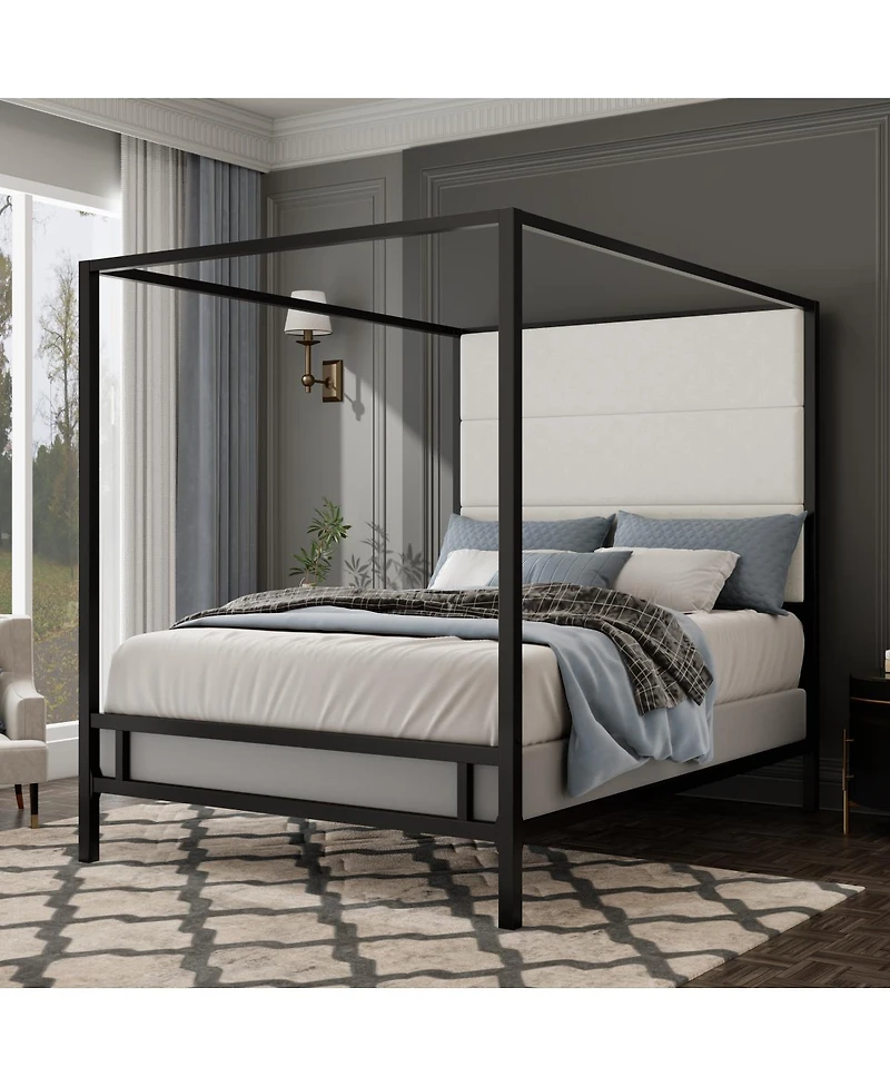 Streamdale Furniture Modern Canopy Bed with Linen Upholstered Headboard