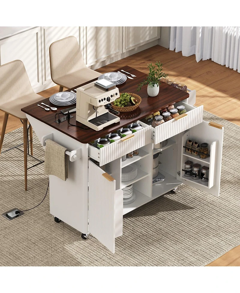 Streamdale 52" Fluted Kitchen Island with Drop Leaf, Power Outlet & Storage Cart