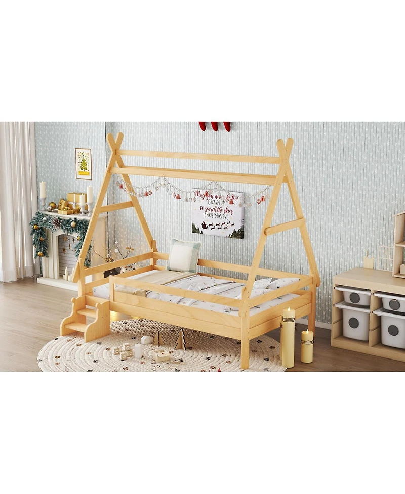 Streamdale Furniture Twin House Platform Bed with Stairs, Solid Wood Twin Bed Frame, Low Profile