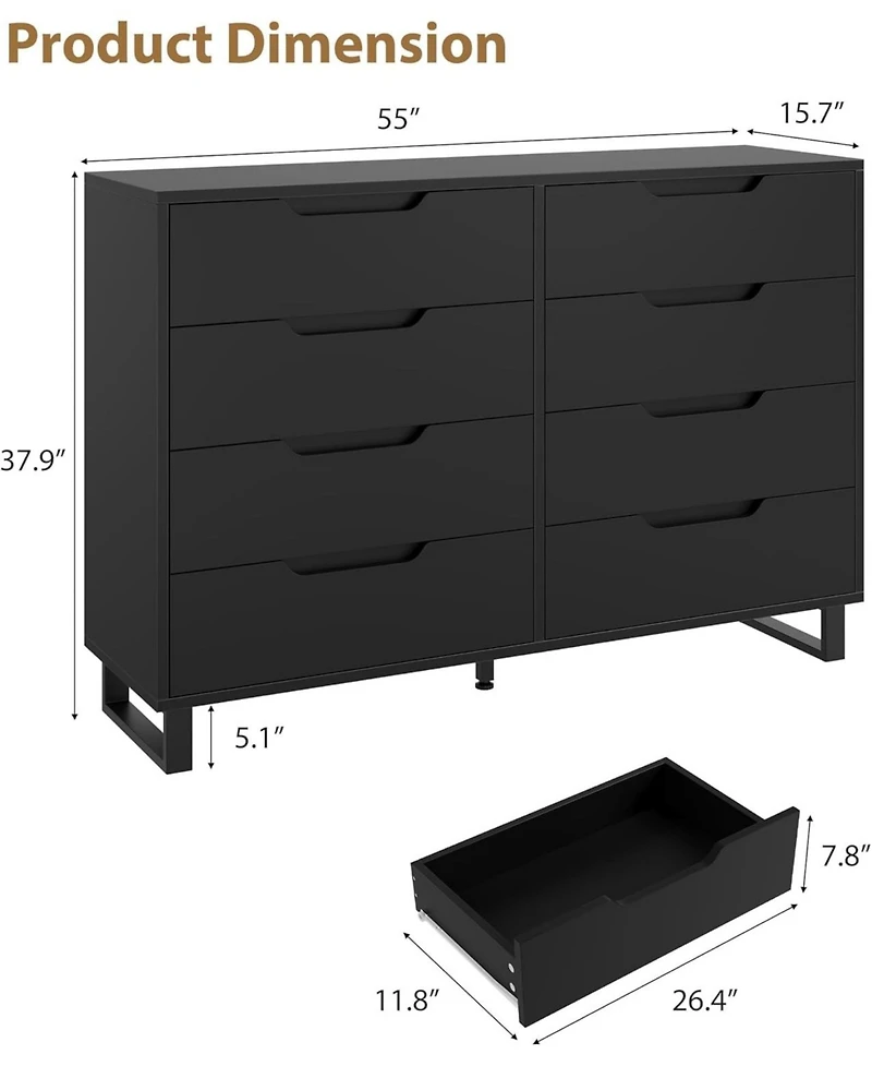 gaomon Farmhouse Tv Stand with 8 Drawers, 55" Wide Entertainment Center for TVs up to 75 Inch with Metal Legs, Black