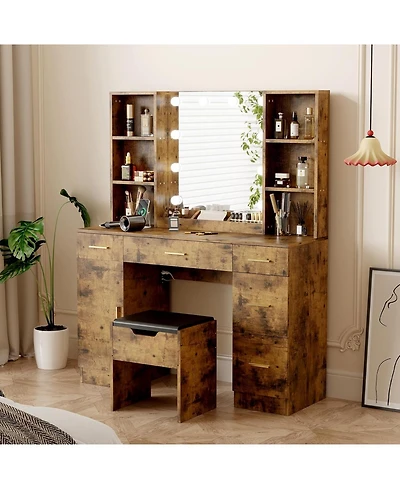 gaomon Led Lighted Vanity Desk with Mirror, Makeup Table with Adjustable Brightness and Open Shelves, Brown