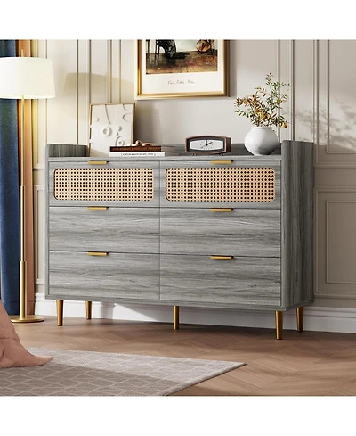 gaomon 6 Drawer Double Dresser for Bedroom, 47" Wide Modern Chest of Drawers, Wooden Storage Rattan Bedroom Living Room Hallway