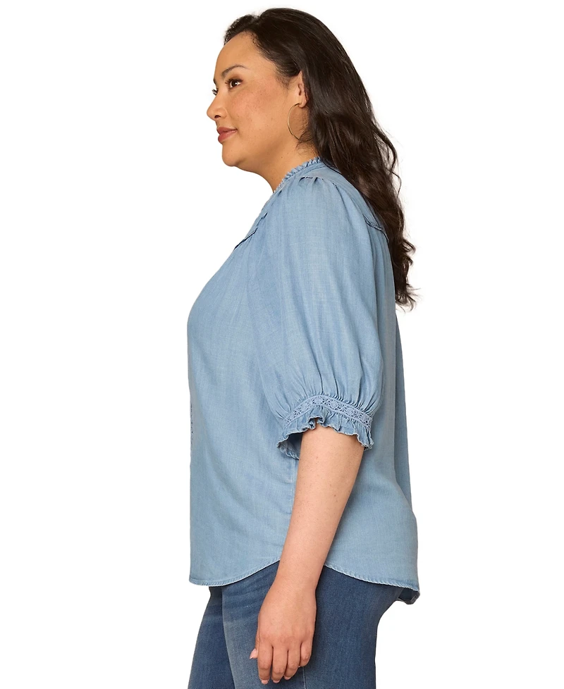Democracy Plus Size Below Elbow Cinched Band-Sleeve Button-Down Top