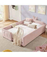Streamdale Furniture Full Size Boucle Rabbit Ear Platform Bed with Safety Rail & Pocket, Pink