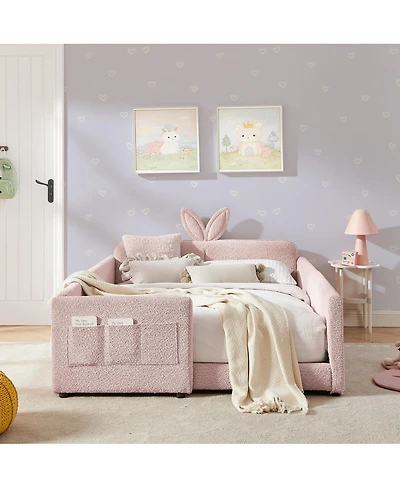 Streamdale Furniture Full Size Boucle Rabbit Ear Platform Bed with Safety Rail & Pocket, Pink