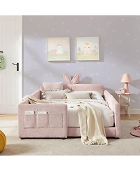 Streamdale Furniture Full Size Boucle Rabbit Ear Platform Bed with Safety Rail & Pocket, Pink