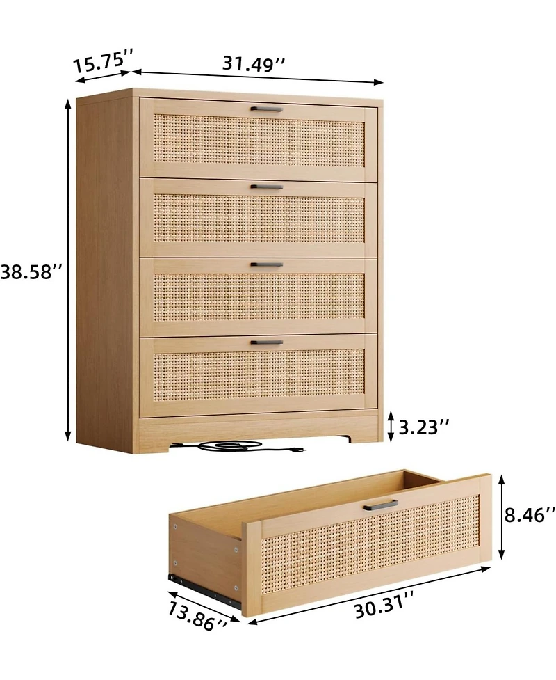 gaomon Modern 4-Drawer Rattan Wood Dresser with Power Station, Tall Storage Chest for Bedroom