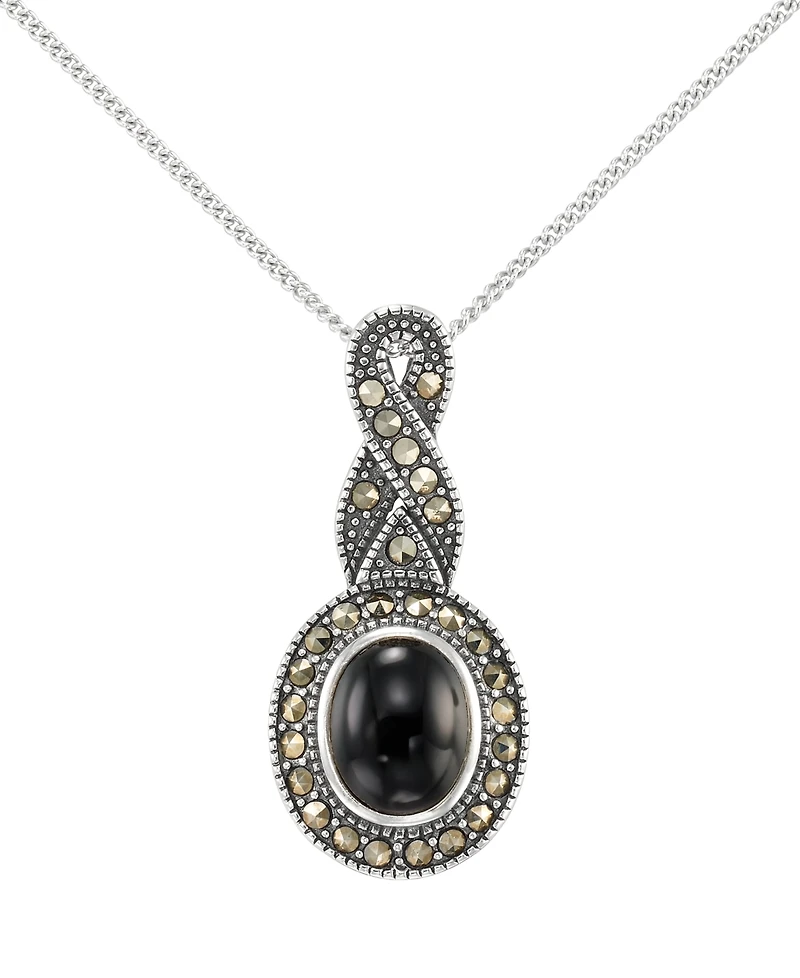 Macy's Marcasite (1/2 ct. t.w.) and Onyx (1-1/2 ct. t.w.) Pendant Necklace in Sterling Silver