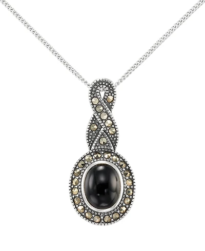 Macy's Marcasite (1/2 ct. t.w.) and Onyx (1-1/2 ct. t.w.) Pendant Necklace in Sterling Silver