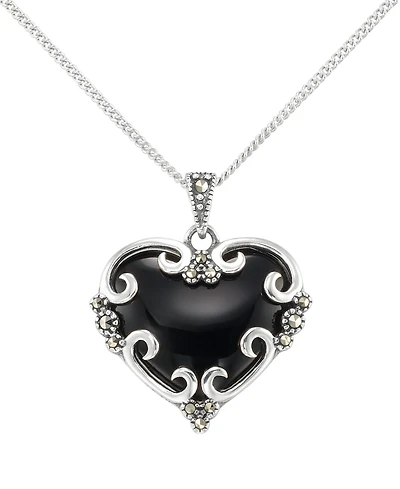 Macy's Marcasite (0.09 ct. t.w.) and Onyx (4 ct. t.w.) Heart Pendant Necklace in Sterling Silver