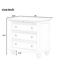 Rainsken 28'' Wood Nightstand, Bedside Cabinet with 3 Storage Drawers and Pull-out Tray, Bedside Accent Table for Bedroom and Office (White)