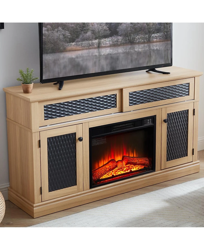 Streamdale Furniture Embossed Pattern Tv Stand with 23" Fireplace, Media Console, Light Oak, 58.27"W