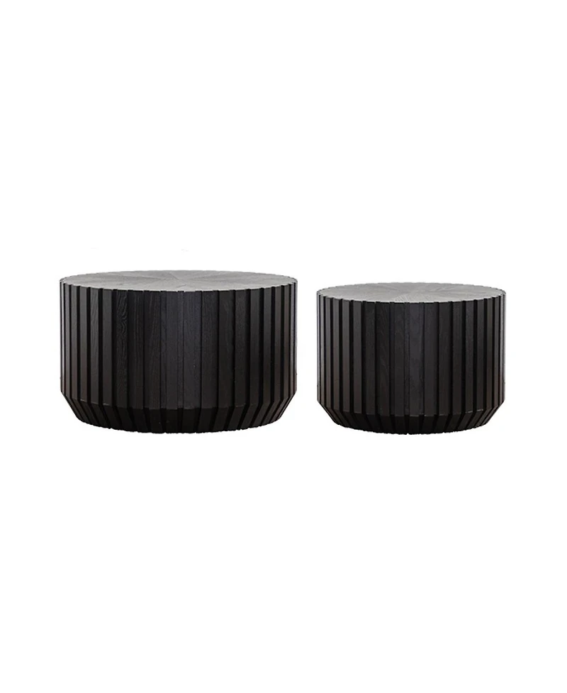 Streamdale Furniture Set of 2 Black Fluted Coffee Table - Solid Wood & Mdf Round Accent Tables