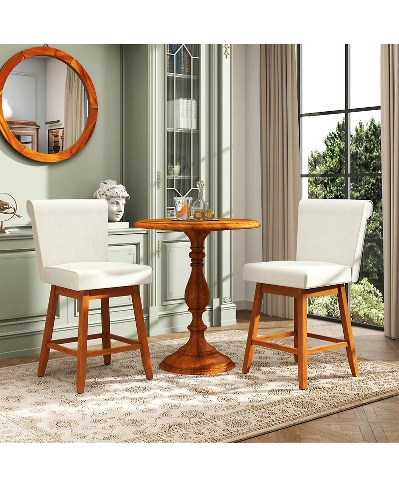 Costway 27" Swivel Bar Stools with Rubber Wood Legs Upholstered Linen Chairs