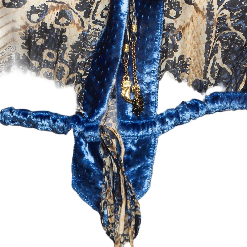 Pre-Owned Roberto Cavalli Women's Blue/brown Printed Velvet Trim Silk Blouse