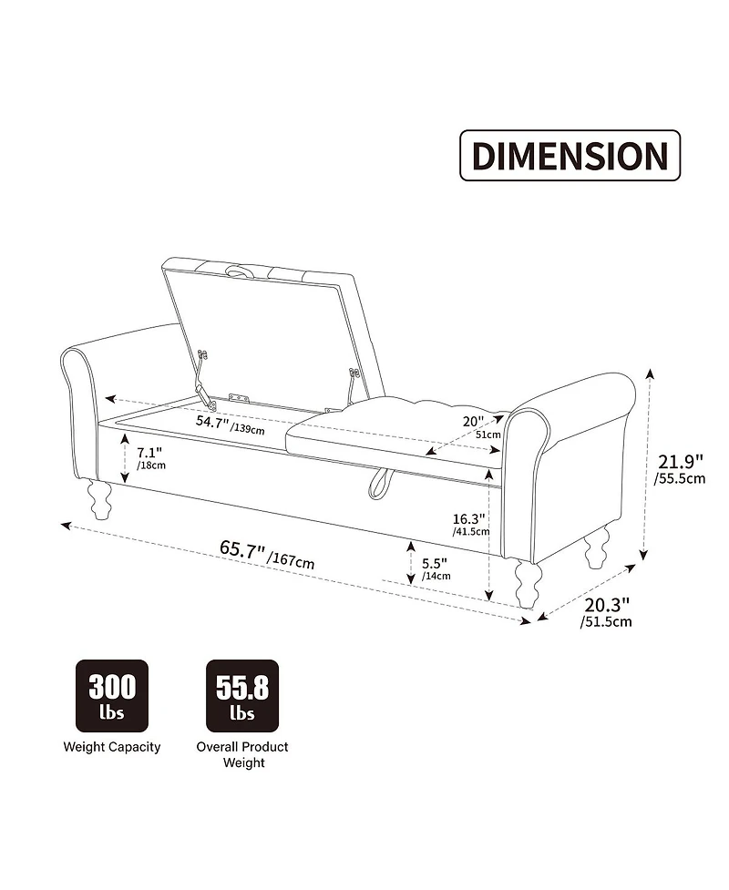 Streamdale Furniture 65.75" Wide Modern Upholstered Storage Bench with Double Lids & Rolled Armrest