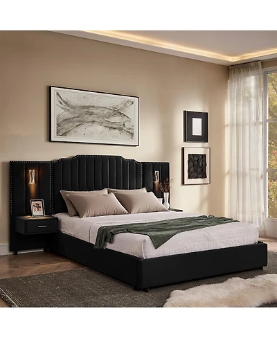 Streamdale Furniture Queen Size Velvet Upholstered Bed Frame with Vertical Stripes