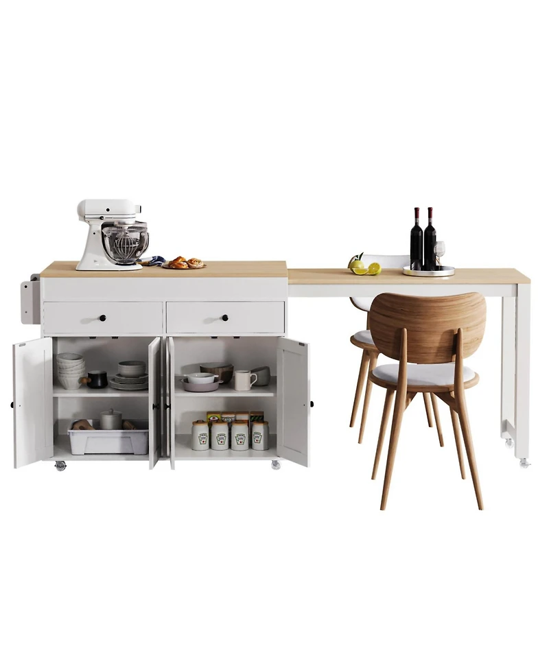 Streamdale Furniture 74.5" Extendable Dining Table Kitchen Island Cart with Wheels, White