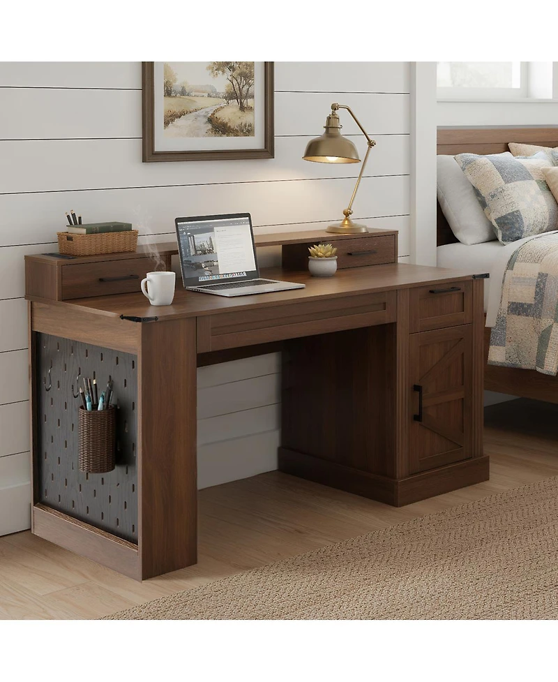 Streamdale Furniture 55" Farmhouse Office Desk with Storage, Barn Door Design, Keyboard Tray, Monitor Stand